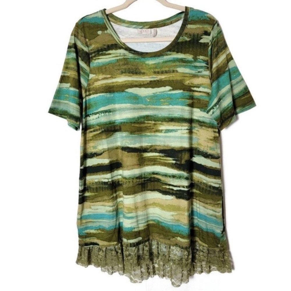 LOGO Lori Goldstein Green Artsy Abstract Watercolor Lace Hem Short Sleeve Top L